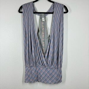 Free People Deep V Button Back Sleeveless Tank Top Plaid Print Boho Size Large